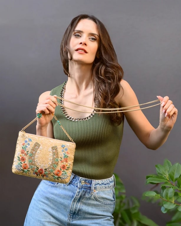 MARY FRANCES IRON LUCK HORSESHOE CROSSBODY NEW!: Iron Luck Beaded Horseshoe and Floral Crossbody Bag- A little good luck charm you can carry, featuring a sparkling horseshoe framed by soft florals and shimmering detail. Cheerful and eye catching, th