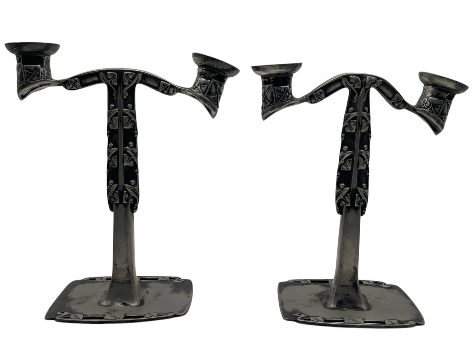 PAIR OF ART NOUVEAU STYLE METAL CANDLEHOLDERS: PAIR OF ART NOUVEAU STYLE METAL TWO ARM CANDLE HOLDERS Pair of decorative metal candle holders in an Art Nouveau inspired design, each featuring a central stem rising from a square base with two oppos