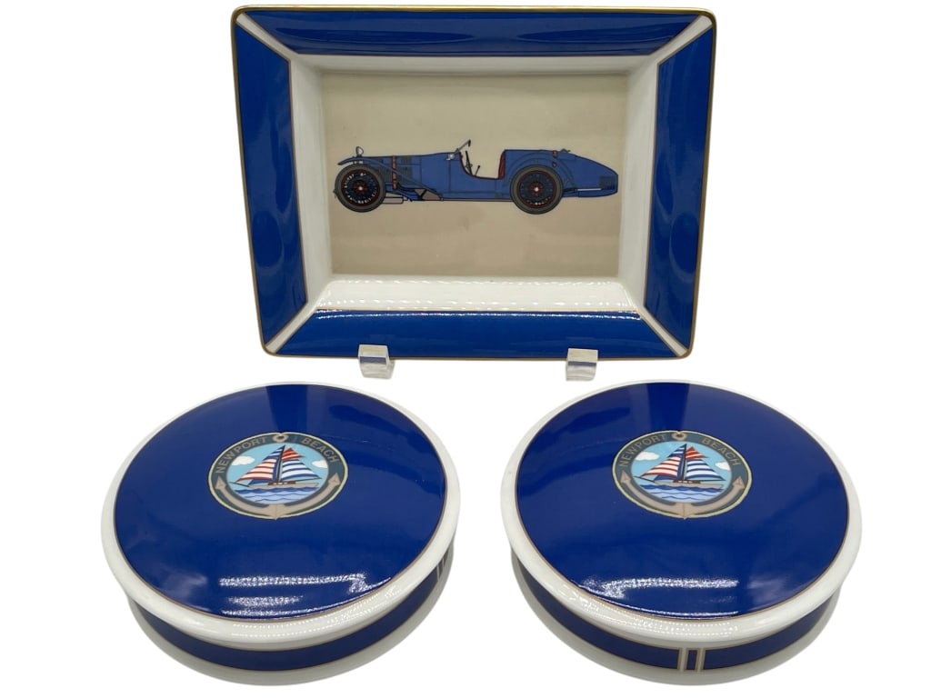 LOT OF 3 DANIEL HECHTER BONE DESK ACCESSORIES: GROUP OF 3 DANIEL HECHTER BONE CHINA ACCESSORIES WITH AUTOMOBILE AND NAUTICAL MOTIFS Group of three Daniel Hechter bone china desk or vanity accessories including a rectangular tray decorated with a b