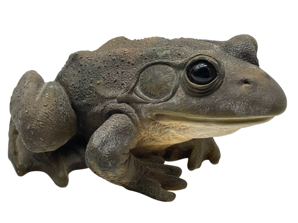 DECORATIVE TOAD FIGURE SCULPTURE GARDEN DECOR: DECORATIVE REALISTIC TOAD FIGURE WITH GLOSSY EYES Decorative toad figure rendered in a realistic naturalistic style with textured body, rounded form, and glossy dark eyes that give the piece strong vi