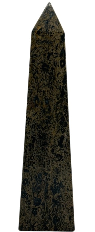 FOSSIL STONE OBELISK PAKISTAN DECORATIVE 12": FOSSIL STONE OBELISK MADE IN PAKISTAN DECORATIVE Polished decorative obelisk crafted from fossil stone, featuring a striking natural composition of embedded fossilized forms and organic inclusions in