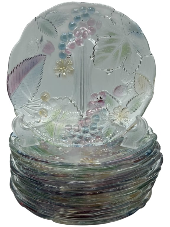12 VTG PRESSED GLASS FRUIT & FLORAL PLATES SET 8": 12 VTG PRESSED GLASS FRUIT & FLORAL PLATES SET Charming set of twelve decorative pressed glass plates featuring a delicate fruit and floral motif with softly colored accents in pastel tones. Each plat