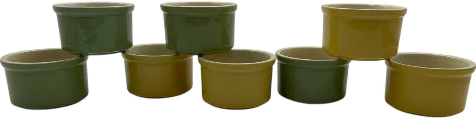 8 CUISINART CERAMIC RAMEKINS 5 OZ SET: SET OF 8 CUISINART CERAMIC RAMEKINS 5 OZ GREEN YELLOW Set of eight Cuisinart ceramic ramekins featuring a charming two-tone palette of soft green and warm yellow glazes, each marked “Cuisinart Ramek