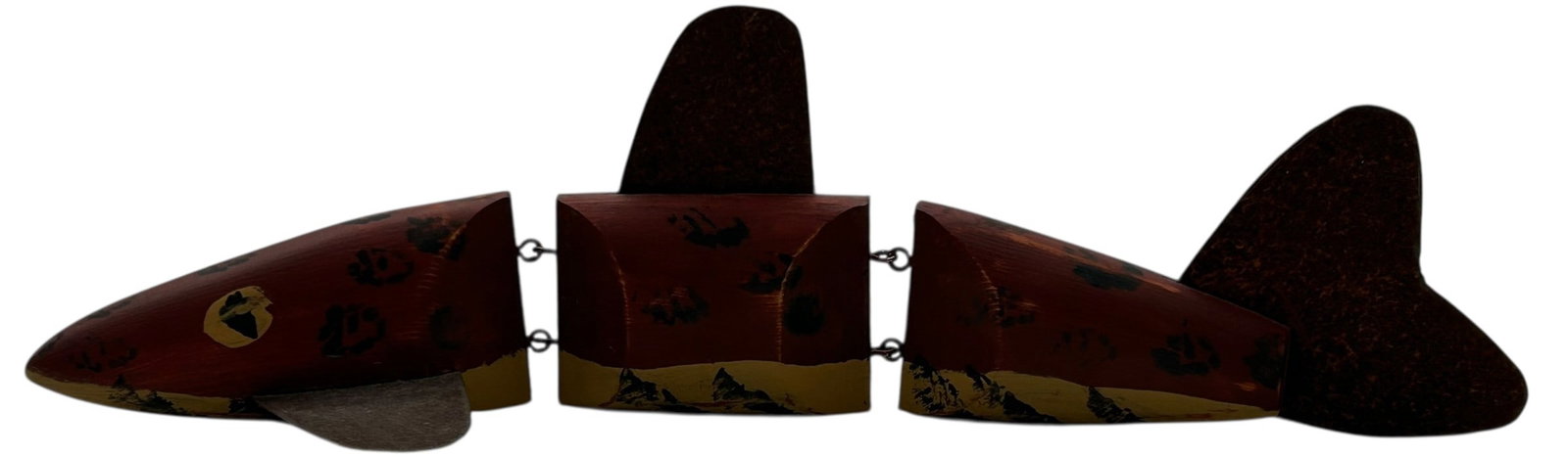 VTG HAND-PAINTED WOODEN SEGMENTED FISH DECOY 14": VINTAGE HAND-PAINTED WOODEN SEGMENTED FISH DECOY Unique vintage articulated wooden fish decoy featuring a segmented body connected by metal links, allowing for lifelike movement in the water. Hand-pai