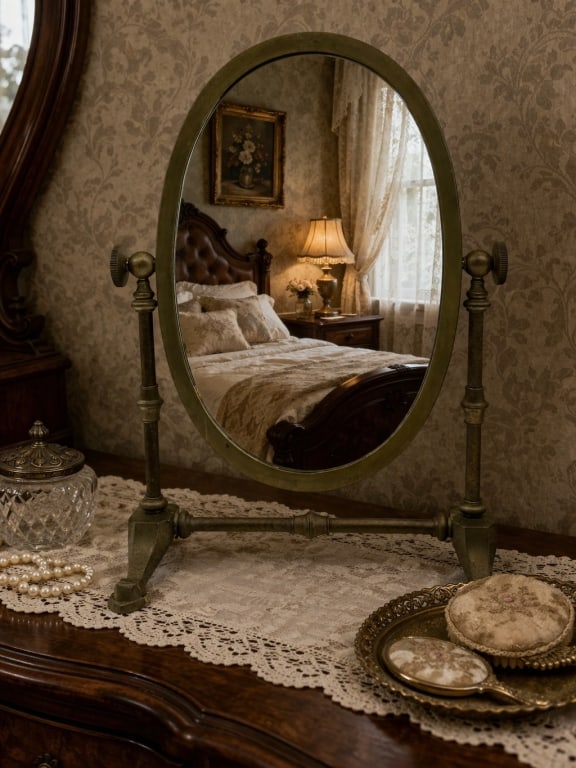 ANTIQUE STYL BRASS OVAL TABLETOP VANITY MIRROR 14": ANTIQUE STYLE BRASS OVAL TABLETOP VANITY MIRROR TILTING DRESSER Elegant antique-style tabletop vanity mirror featuring a classic oval form set within a solid brass frame with warm aged patina. The mir