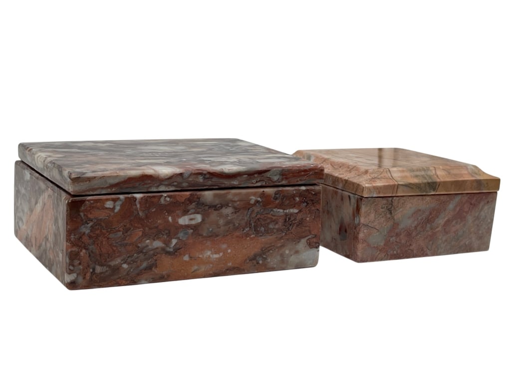 PAIR OF STONE TRINKET BOXES MARBLE SET: GROUP OF 2 DECORATIVE STONE BOXES WITH LIDS IN NATURAL MARBLE LOOK Group of two decorative stone boxes with fitted lids, each showcasing richly varied natural marbling in warm rose, rust, cream, and t