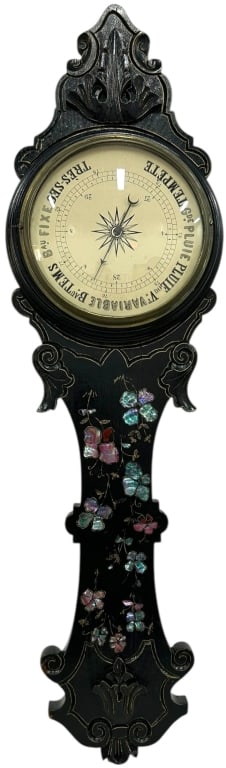 ANTIQUE STYLE FRENCH BAROMETER MOP INLAY 35" TALL: ANTIQUE STYLE BAROMETER WALL HANGING WITH MOTHER OF PEARL INLAY Decorative antique-style wall barometer featuring an ornate carved wood case with black lacquer finish and elegant gilt accents, highlig