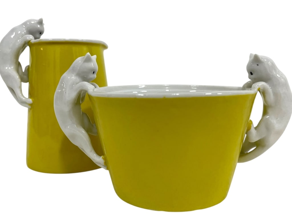 ERPHILA CAT HANDLE YELLOW SUGAR CADDY & CREAMER: *for alternative shipping options please go to www.dejavuauctionshipping.com -ERPHILA CZECHOSLOVAKIA YELLOW PORCELAIN CAT HANDLE SUGAR CADDY AND CREAMER -Whimsical vintage Erphila porcelain sugar cadd