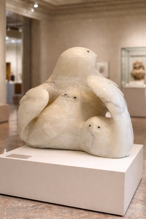 ALABASTER SNOWY OWL & OWLETS CARVED SCULPTURE 22" (1 of 8)