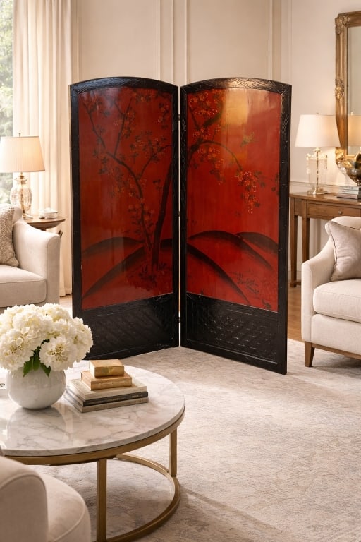 JAPANESE STYLE LACQUERED RED TWO PANEL DIVIDER 66": JAPANESE STYLE LACQUERED RED TWO PANEL DIVIDER 66"Decorative Japanese style lacquered floor cabinet 33" X 66" featuring a tall narrow form with arched top, black and deep red panels, and gilt bird,