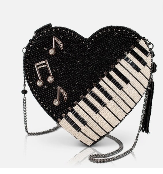 MARY FRANCES HEART BEAT PIANO KEYS BAG NEW: Heart Beat Heart Shaped Beaded Piano Keys Crossbody Handbag -Hit all the right notes with this music-loving crossbody purse! Heart-shaped and decked out in dazzling beads, it features a chic piano key