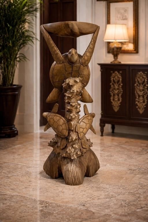 CARVED WOOD 3 TURTLE SCULPTURAL SIDE TABLE 39": *for alternative shipping options please go to www.dejavuauctionshipping.com -HAND CARVED WOOD THREE SEA TURTLE SCULPTURAL SIDE TABLE 39" X 13" X 9" APPROX -Striking hand carved wood sculptural side t