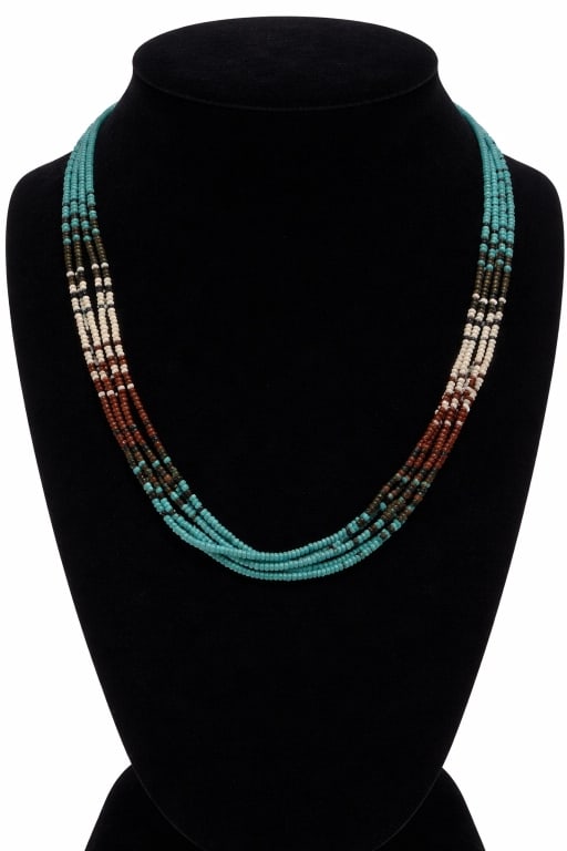 NATIVE AMERICAN BEAD STRAND NECKLACE W/STERLING 2G: *For ALTERNATIVE SHIPPING QUOTES or local PICKUP details, please visit www.dejavuauctionshipping.com* BEAUTIFUL Native American strings of beaded strands rolled together and matching patterns. Tipped