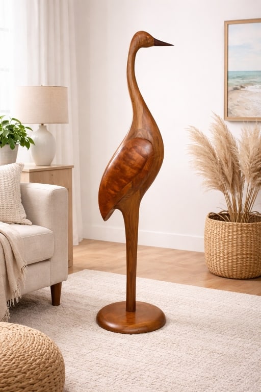 MID-CENTURY MODERN CARVED WOOD HERON SCULPTURE 62": HAND-CARVED MODERNIST WOOD BIRD FIGURE ON ROUND BASE Striking Mid-Century Modern carved wood heron or crane sculpture featuring a sleek elongated neck, pointed beak, sculptural inset wing, and warm na