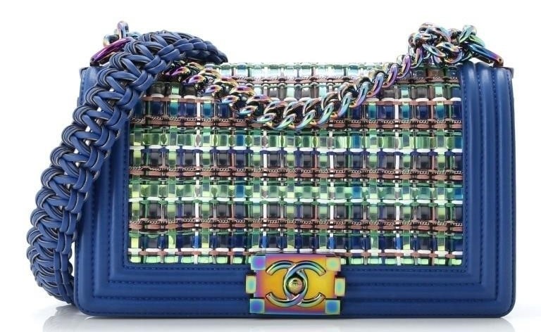 CHANEL IRIDESCENT BOY MED BLUE WOVEN BOUCLE BAG: Chanel Iridescent Boy Medium Blue Woven PVC/Lambskin Leather Silver * COLOR: Blue * PRODUCTION CODE: 24261051 (2017-2018) * INCLUDED: Sticker AA * CONDITION: 26*16*8cm * (3cm = 1inch approximately) *