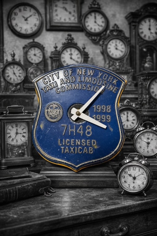 CLOCK MADE OF ANTIQUE NEW YORK TAXI LIMO LICENSE: Measures 5" x 4" in size In great condition, needs battery to run, untested for full function and timekeeping, a cool relic! By bidding on this listing, you understand and agree to be bound by the ter