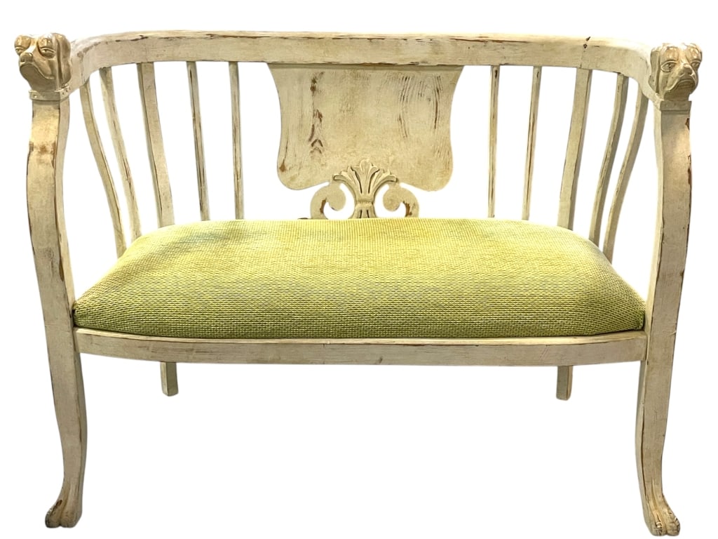 DISTRESSED PAINTED SETTEE W DOG HEAD ARMS 42" (1 of 10)