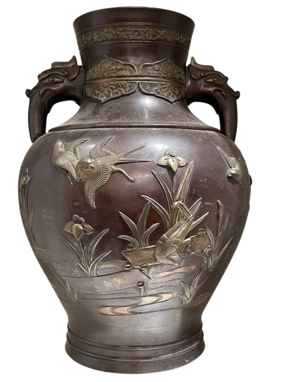BRONZE JAPANESE VASE APPLIED SCULPTED BIRDS 18" (1 of 7)