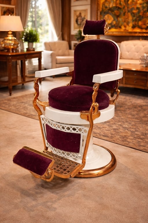 ANTIQUE BARBER CHAIR BURG VELVET EMIL J PAIDAR: Manufactured by Emil J. Paidar CHICAGO MEASURES: 48" height, 25" arm edge to arm edge, 22" seat height, 16" width of foot plate. Great antique condition, a really cool relic to own! By bidding on this