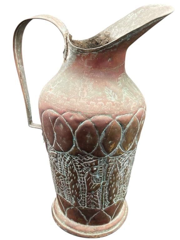 ANTIQUE COPPER EWER PITCHER ENGRAVED FIGURAL 13": For ALTERNATE shipping quote or LOCAL PICK-UP DETAILS, please visit www.dejavuauctionshipping.com ANTIQUE COPPER EWER PITCHER WITH ENGRAVED FIGURALR Striking antique copper ewer or water pitcher featu