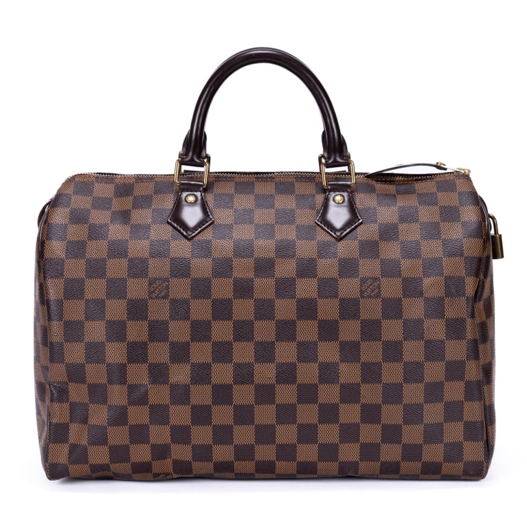 LOUIS VUITTON SPEEDY 35 BRW DAMIER EBENE BAG: Louis Vuitton Speedy 35 Brown Damier Ebene Golden Brass * COLOR: Brown * PRODUCTION CODE: RI4185 (48th week of 2015) * INCLUDED: Cadenas, Key, Dustbag AA * CONDITION: 35*24*21cm * (3cm = 1inch approxi