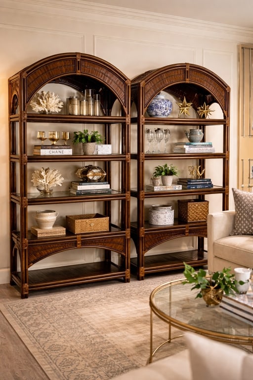 DARK RATTAN ETAGERE/SHELVES GLASS & ARCHES 77": In great condition! 77" TALL, 35" WIDE, 16" DEEP Shelf space is 13" and 18" top to bottom By bidding on this listing, you understand and agree to be bound by the terms and conditions of DejaVu Auction