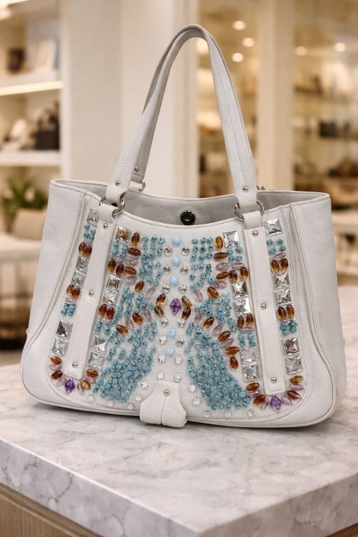 COLE HAAN PURSE ELEGANT WHITE LEATHER SHOULDER BAG: For ALTERNATE shipping quote or LOCAL PICK-UP DETAILS, please visit [ww.dejavuauctionshipping.com WHITE LEATHER EMBELLISHED SHOULDER HANDBAG WITH BEADED AND CRYSTAL DETAIL - 9" X 12 wIde Good Preowned