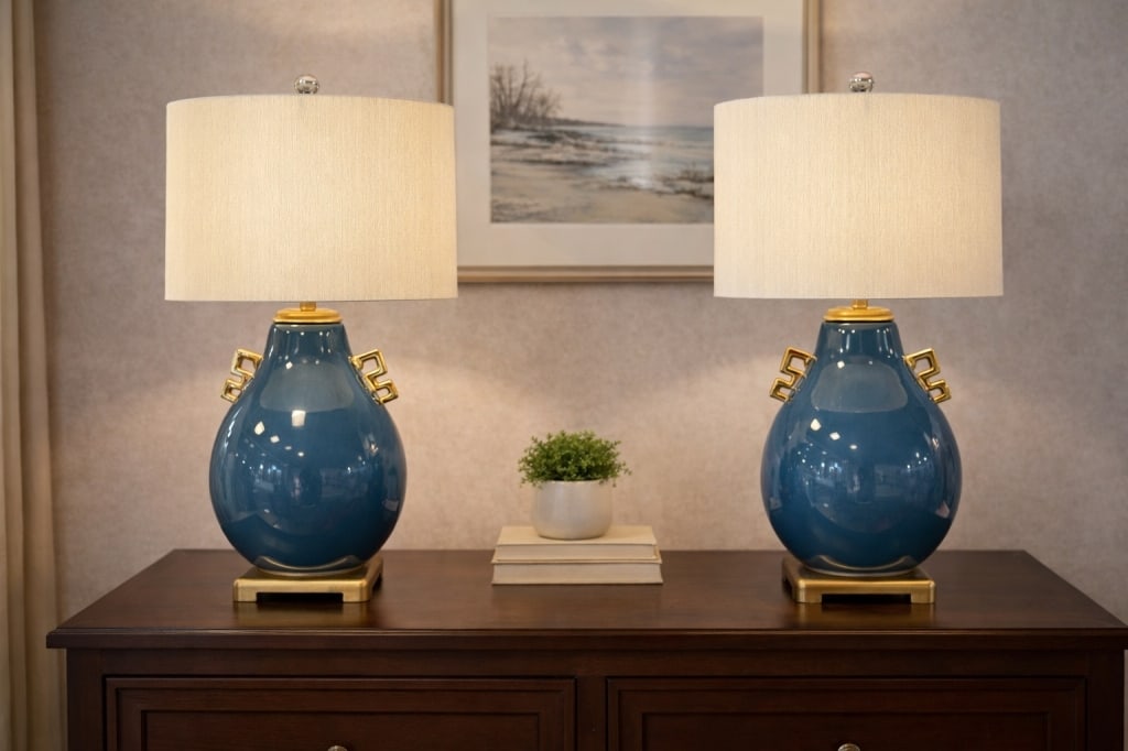 BLUE CERAMIC TABLE LAMPS – 2 PCS, 18" X 32" (1 of 8)