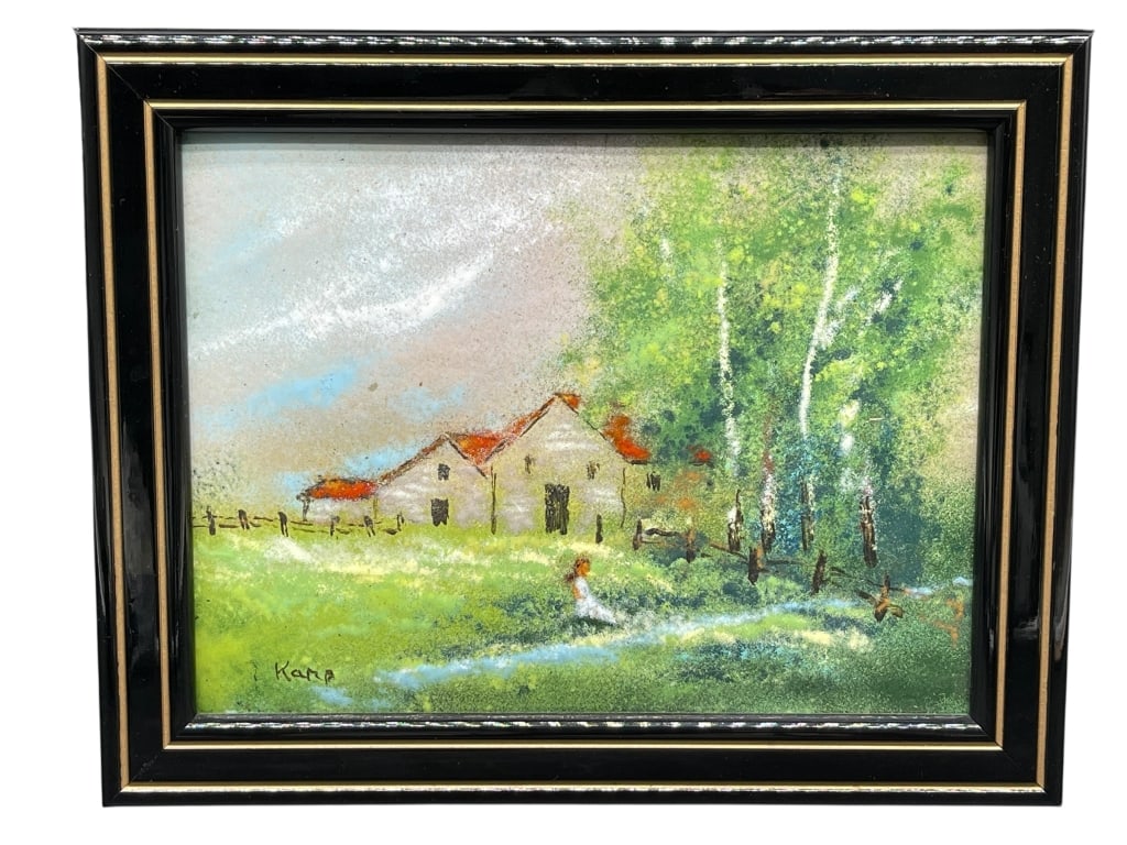 MAX KARP SIGNED ENAMEL ON COPPER ART FRAMED: For ALTERNATE shipping quote or LOCAL PICK-UP DETAILS, please visit dejavuauctionshipping.com MAX KARP SIGNED AND FRAMED impressionist enamel on copper art framed and mounted in framework. Mid century