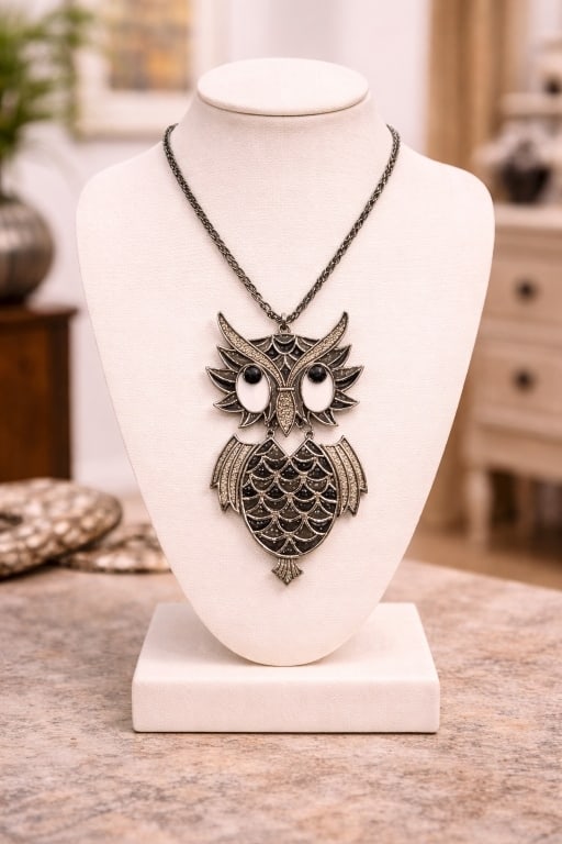 VINTAGE COSTUME OVERSIZED THOUGHTFUL OWL NECKLACE: Adorable kitschy old necklace.Costume jewelry in silvertone with enamel detailA cute owl rolling its eyes "thoughtfully" Chain is included and is 24" long Excellent vintage condition! By bidding on th