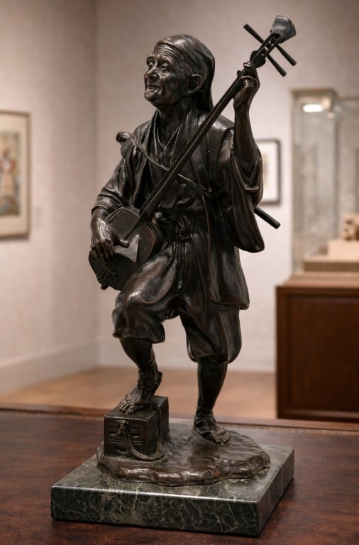 JAPANESE MUSICIAN SCULPTURE ON MARBLE BASE 15.5" (1 of 9)