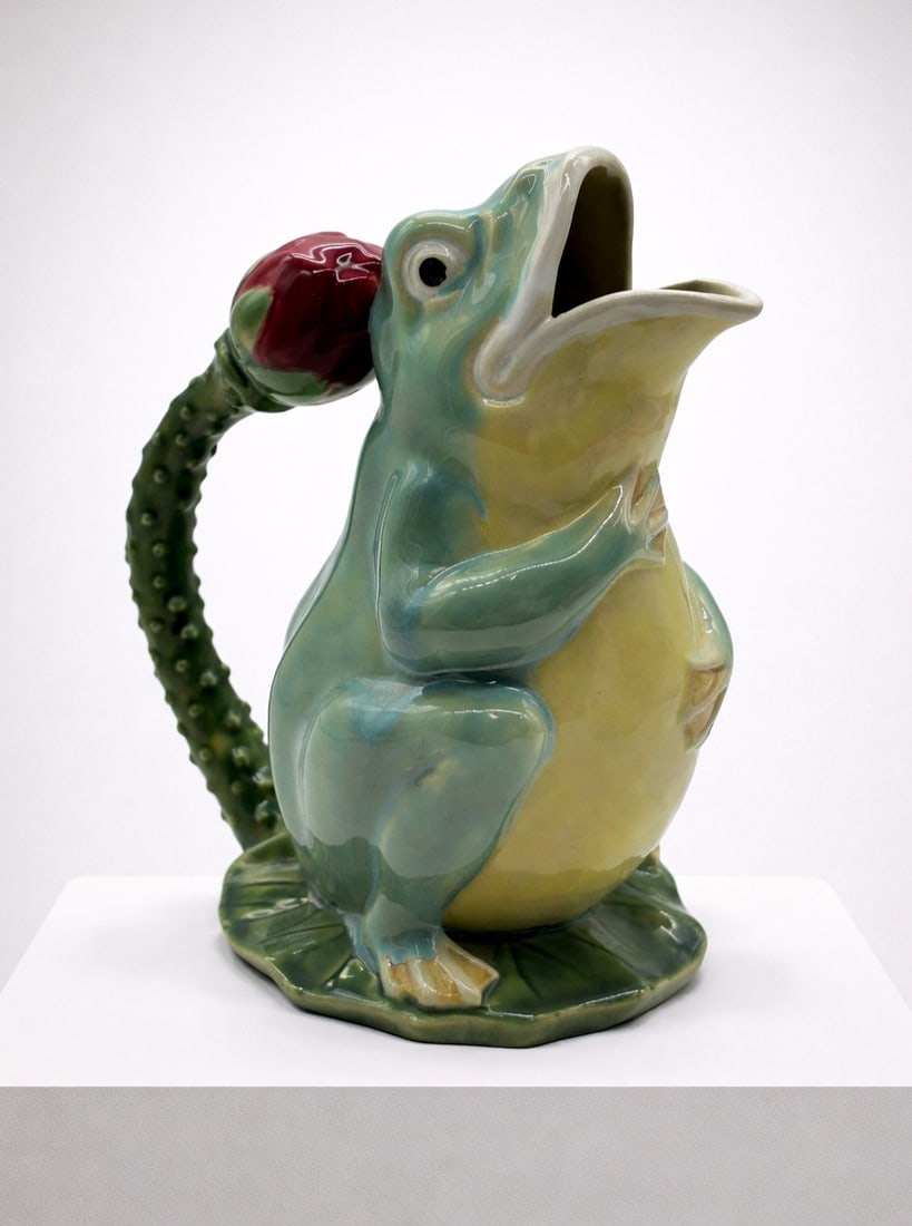 FROG CERAMIC PITCHER ROSE HANDLE POTTERY 9.5" (1 of 9)