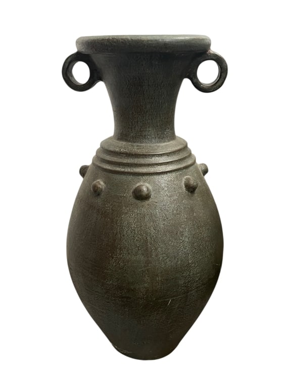 MASSIVE FLOOR POTTERY AMPHORA STYLE VASE W/HANDLES 36": FLOOR POTTERY AMPHORA STYLE VASE TWIN HANDLES 36"NOTE: This piece does have a repair and is shown in pictures, all else is in superb condition, a very cool piece, the repair is nicely done and would b