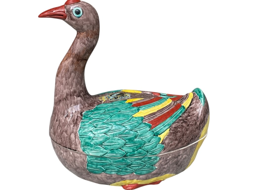 LARGE FIGURAL GOOSE TUREEN W POLYCHROME GLAZE 13" (1 of 6)