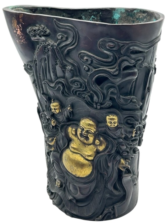 CHINESE BRONZE RELIEF GILT BUDDHA VASE 11" (1 of 8)