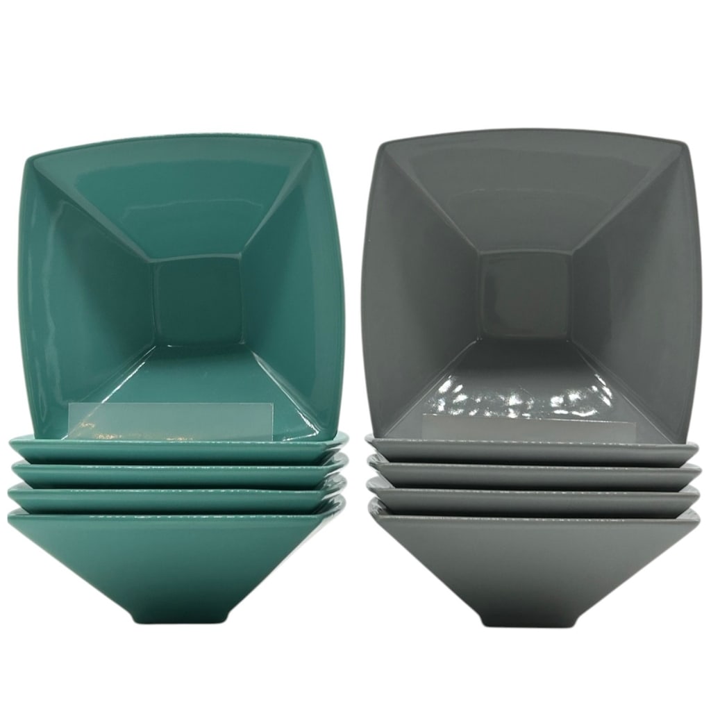 SALINS STUDIO FRANCE MODERNIST SQUARE BOWLS 6": SET OF 10 SALINS STUDIO FRANCE MODERNIST SQUARE CERAMIC BOWLS IN TEAL & GRAY GLAZEStriking set of ten French Salins Studio ceramic bowls, featuring a sophisticated modernist square form with gently cu