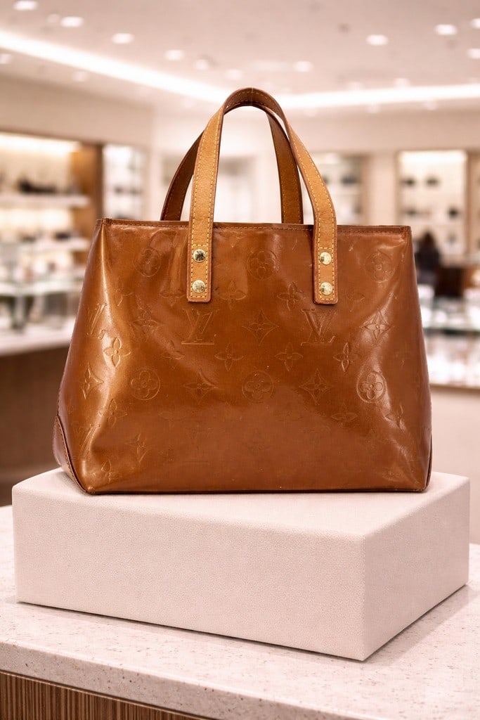 LOUIS VUITTON BRONZE VERNIS MONOGRAM READE BAG: - PREVIOUSLY owned with some minor marks on the bottom only.- Beautiful Bronze Vernis in patent with LV logo all over - No tears or scratches in the coating of the bag- Approximately Approx. 9.5? W x