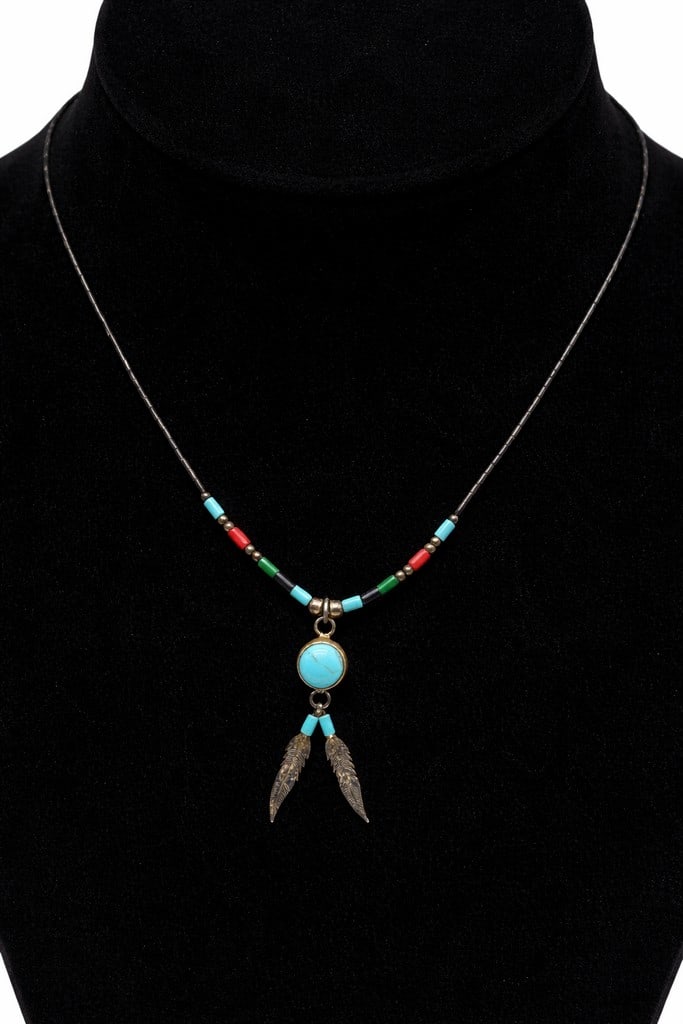 ZUNI INDIAN STERLING STONE BEADS FEATHERS NECKLACE: - 17" IN LENGTH- Pretty turquoise cabachon feature with feathers dangling - Tiny tube beads made of gemstones - LIquid silver sterling silver with barrel clasp closure - Great condition, some patina f