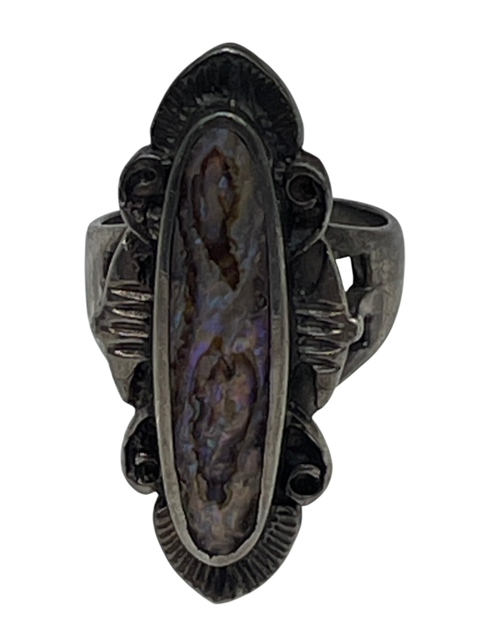 MEXICO STERLING SILVER ABALONE ELLIPTICAL RING 5: MEXICO STERLING SILVER ABALONE ELLIPTICAL RING 5 - DRAMATIC elliptical shape of the abalone stone- Sterling Silver - Size 5- Good condition with patina for collector value - 8.1 grams total weight By