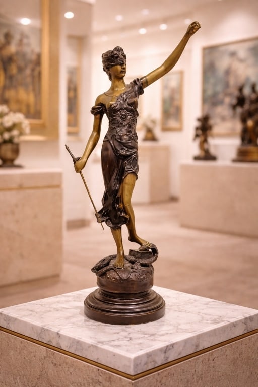 BRONZE STATUE OF LADY JUSTICE / DIANA / ARCHER 30": - Styled bronze statue in the theme of an archer lady - Lady Justice or Diana inspired - 30" tall and no issues found, pleasee see pictures for detailsmsnBy bidding on this listing, you understand and