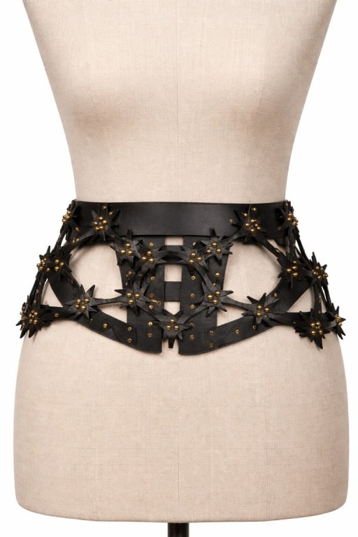 NEW UNA BURKE $1225 BLACK CORSET PIRATE BELT XWIDE: ORIGINAL price on this $1225 and in new never worn condition, can be styled a few ways so lead pix is one method. The drama is all around the center belt part. Has tips to clip together and pieces to 