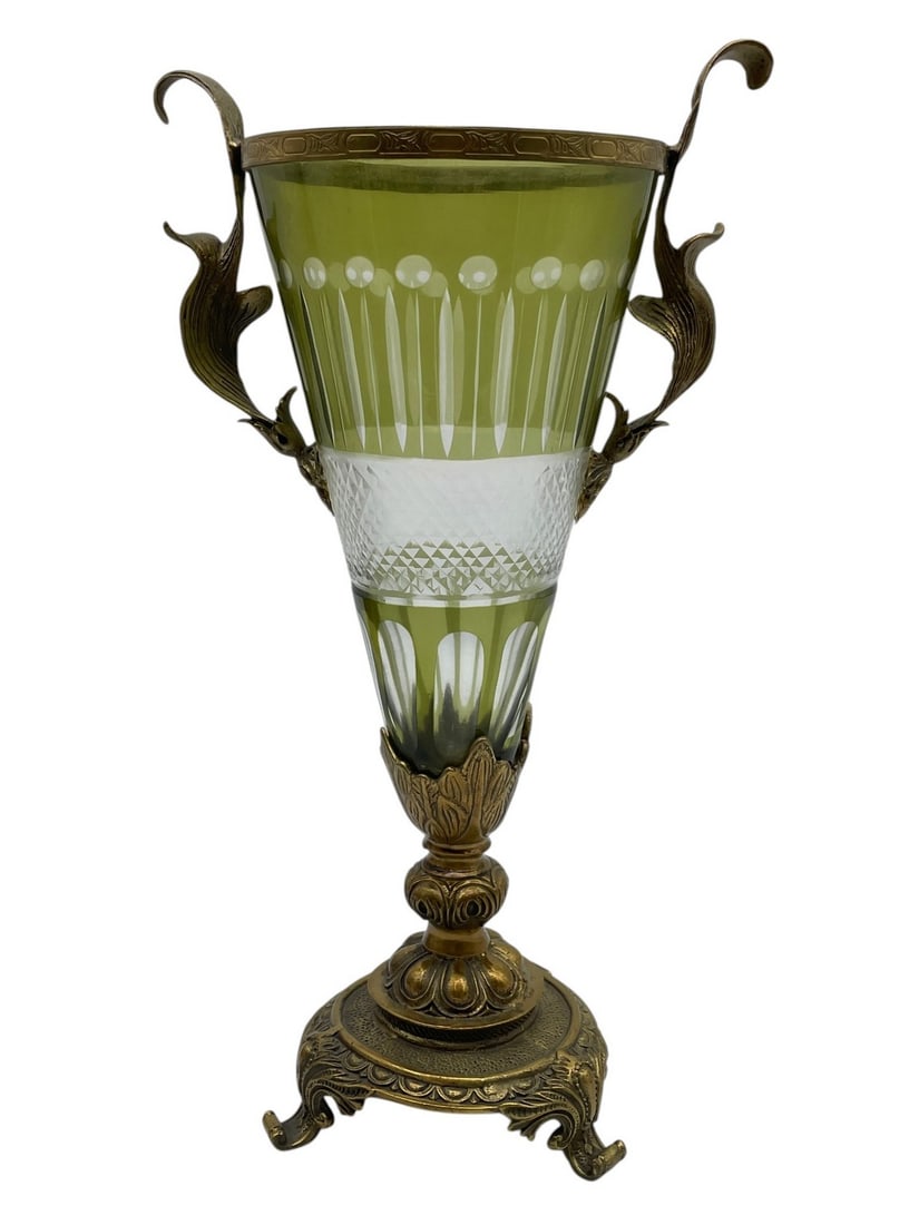 NEOCLASSICAL BANDED CUT TO CLEAR GREEN GILT URN: 13" TALL AND KEPT beautifully, no issues found, a beautiful banded cut to clear green urn style vase. Elegant gilt trimming and just stunning. By bidding on this listing, you understand and agree to b