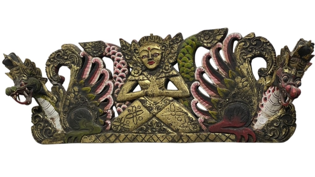 HAND CARVED BALINESE DEITY DRAGONS WOOD PANEL 24" (1 of 5)