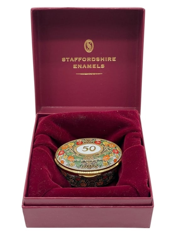 STAFFORDSHIRE ENAMELS HANDPAINTED TINY BOX W/BOX: 1.75" in width, new and kept in presentation box, 50 year anniversary hand painted and signed by artist. By bidding on this listing, you understand and agree to be bound by the terms and conditions of