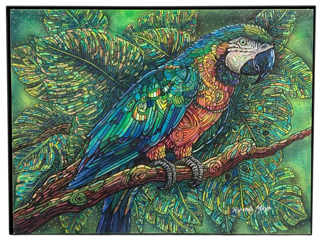 RICARDO MAYA SIGNED PARROT PAINTING 12" X 16": RICHARD/RICARDO MAYA SIGNED PARROT PAINTING 12" X 16"Striking contemporary painting by listed artist Richard Maya, featuring a vividly colored parrot perched among lush tropical foliage. Executed in a