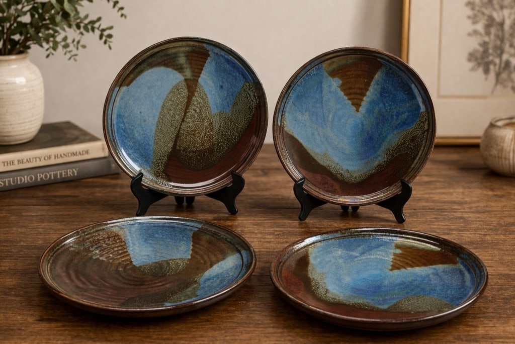 4 PIECE STUDIO HAND-THROWN POTTERY PLATE SET 10" (1 of 10)