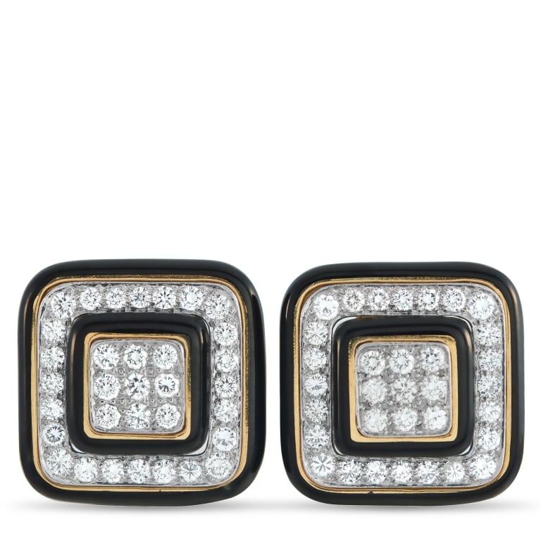DAVID WEBB PLAT 18K 3.30CT DIAMOND ENAMEL EARRINGS: Diamonds, black enamel, and yellow gold form a natural alliance in this pair of clip-ons from David Webb. The brightness of the diamonds gains precision when set in platinum, while yellow gold brings