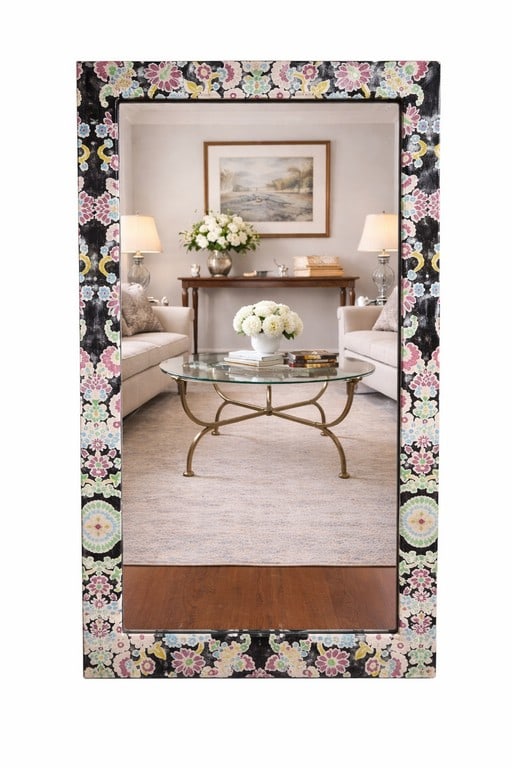 ANTIQUE DECOUPAGE FLORAL EDGED FULL LENGTH MIRROR: - Stunning with hand applied navy colored floral edgework- Antique framework on back- Measures 46" tall x 26" wide- IN great condition for its antique age, a perfect kitschy mirror for your home! Plea