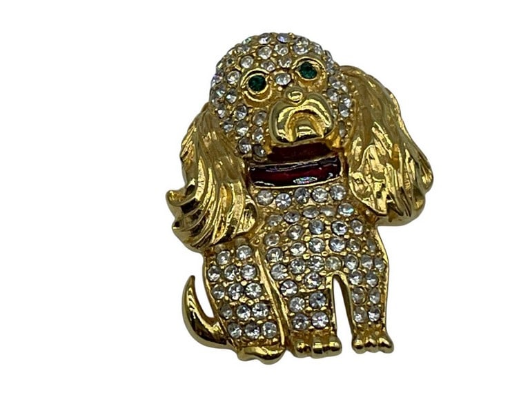 KENNETH JAY LANE VTG CRYSTAL & GOLD SPANIEL BROOCH (1 of 6)