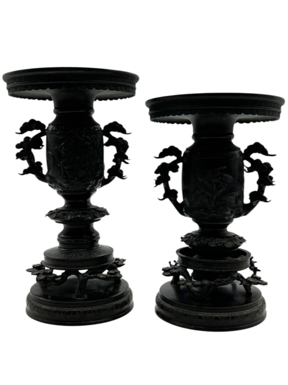 ANTIQUE JAPANESE BRONZE URN PAIR ON STANDS 9-10" H (1 of 17)